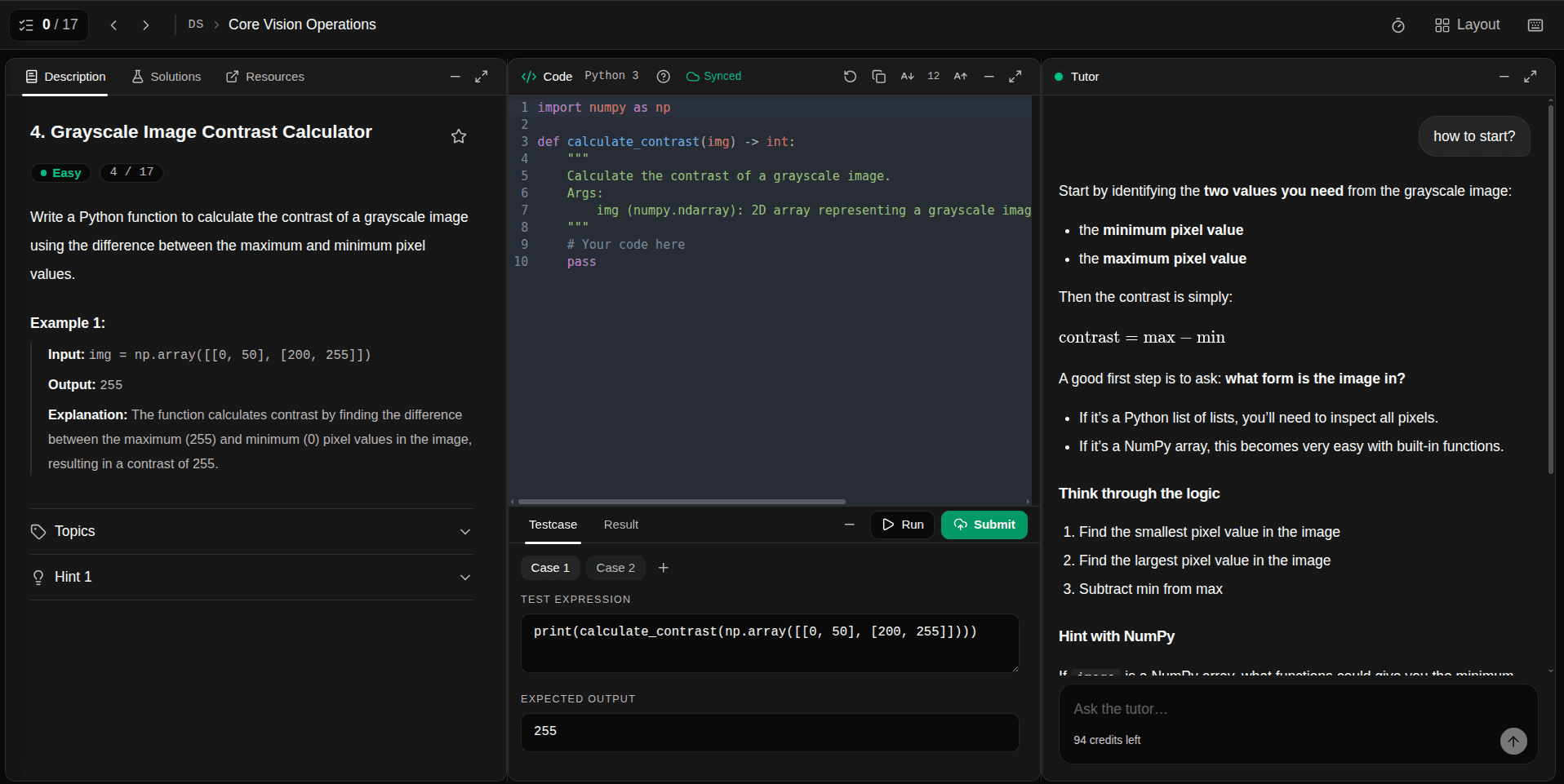 Solve view - problem, code editor, and mentor chat